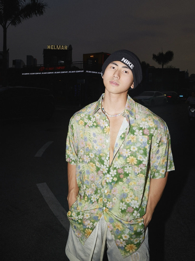 Green Floral Short Sleeve Button-Up Shirt