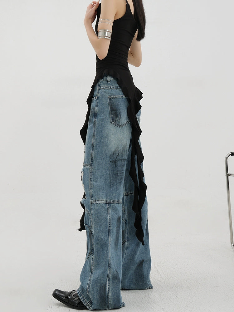 Vintage Distressed And Dirt-Dyed Patchwork Wide-Leg Jeans - chiclara