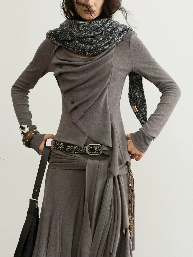 Taupe Draped Asymmetric Tie Top
