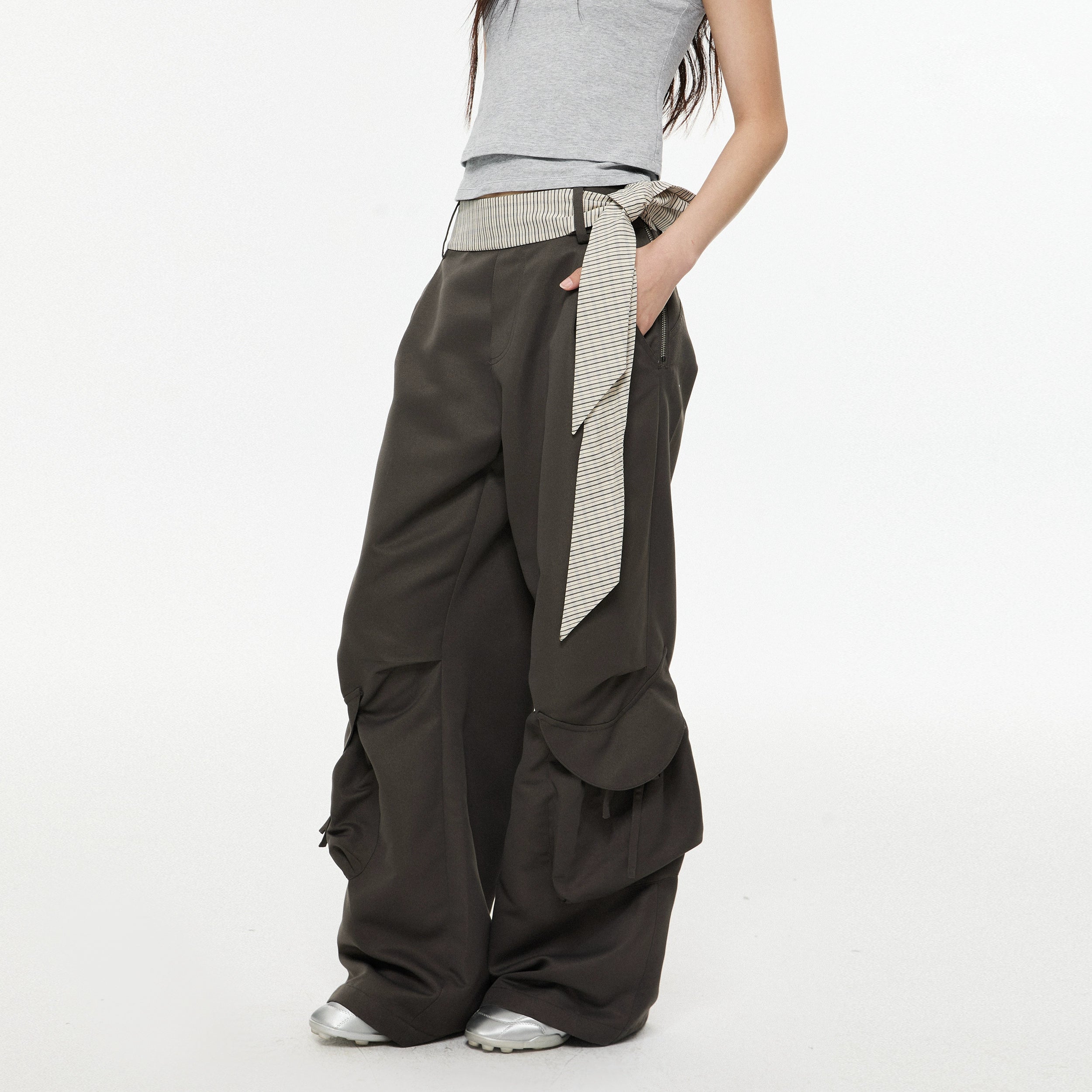 Wide-Leg Dark Cargo Pants with Striped Sash Belt
