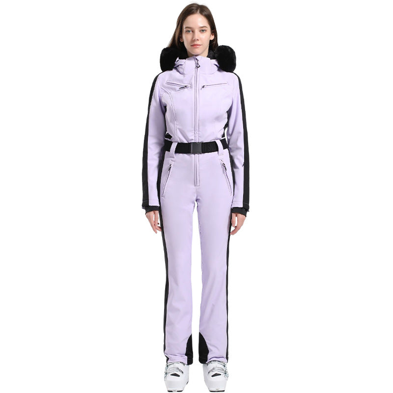 Belted One-Piece Ski Suits with Fur Hoods