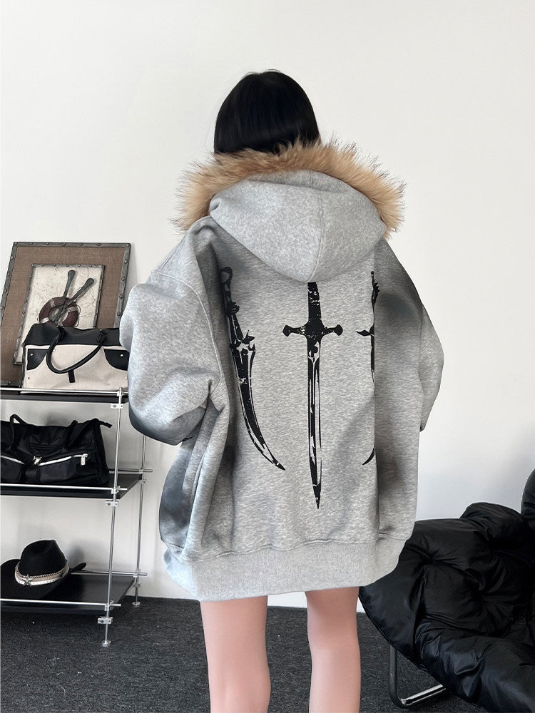 Men's Faux-Fur Collar Graphic-Print Oversized Zip-Up Hoodie