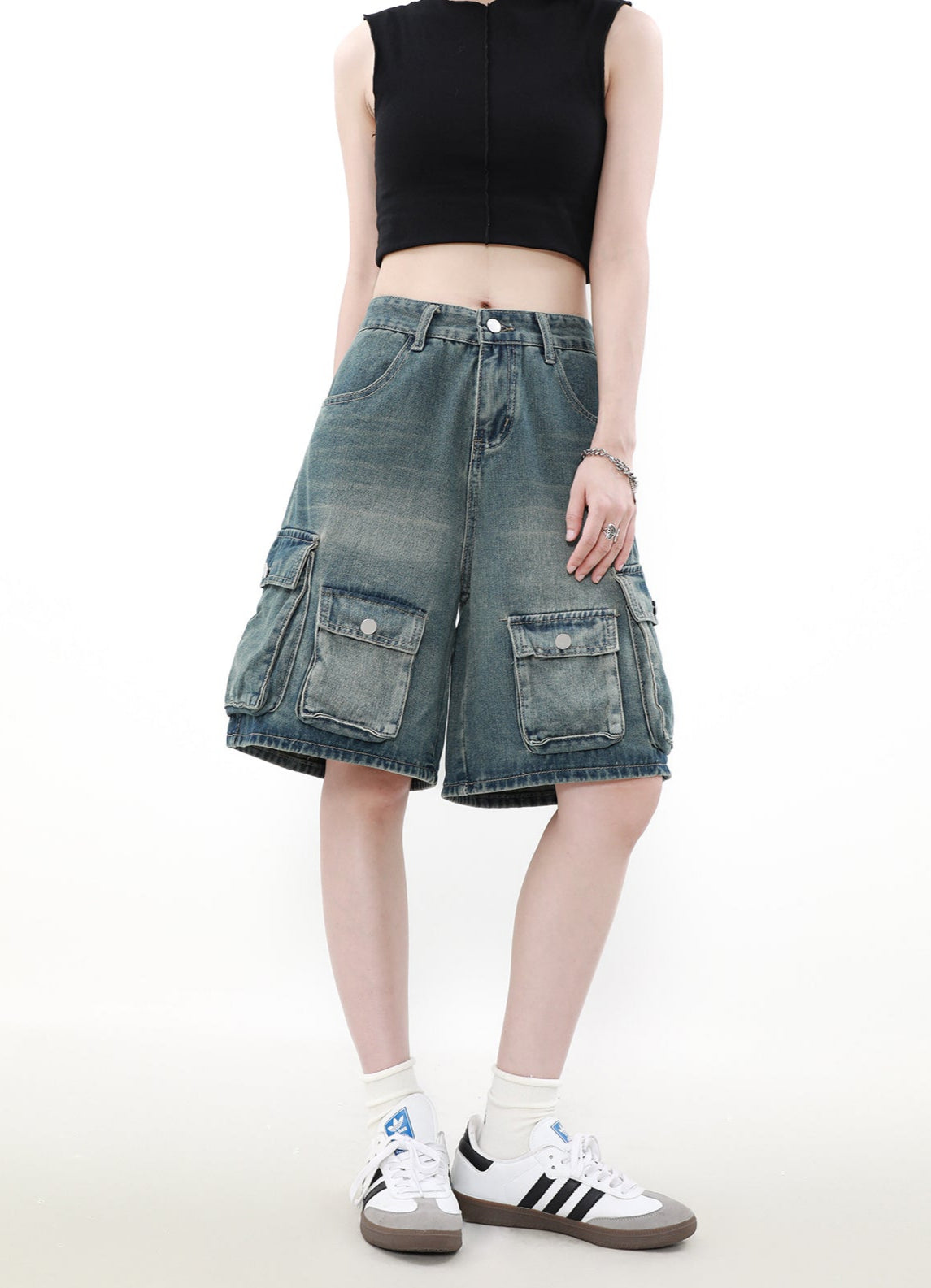 Denim Cargo Shorts with Multiple Utility Pockets