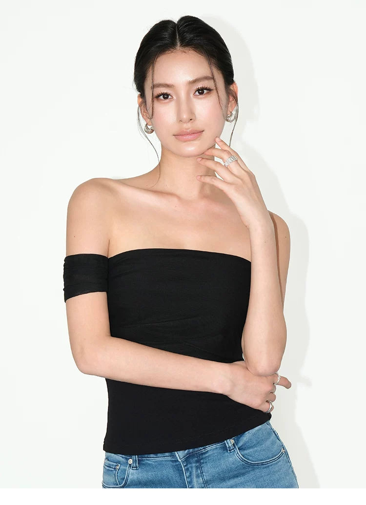 Asymmetric Off Shoulder Ruched Tube Top