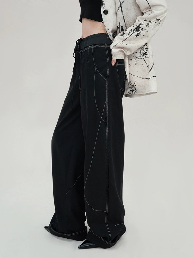 Black Contrast Stitch Wide Leg Pants