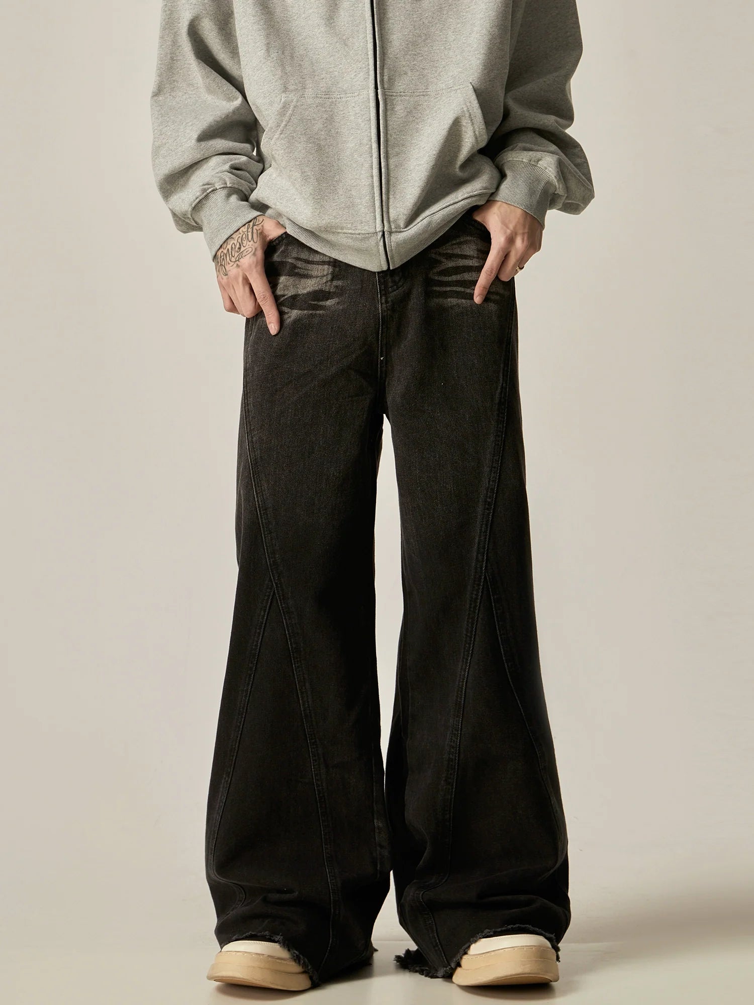 Wide-Leg Dark Wash Denim Jeans with Whisker Detailing