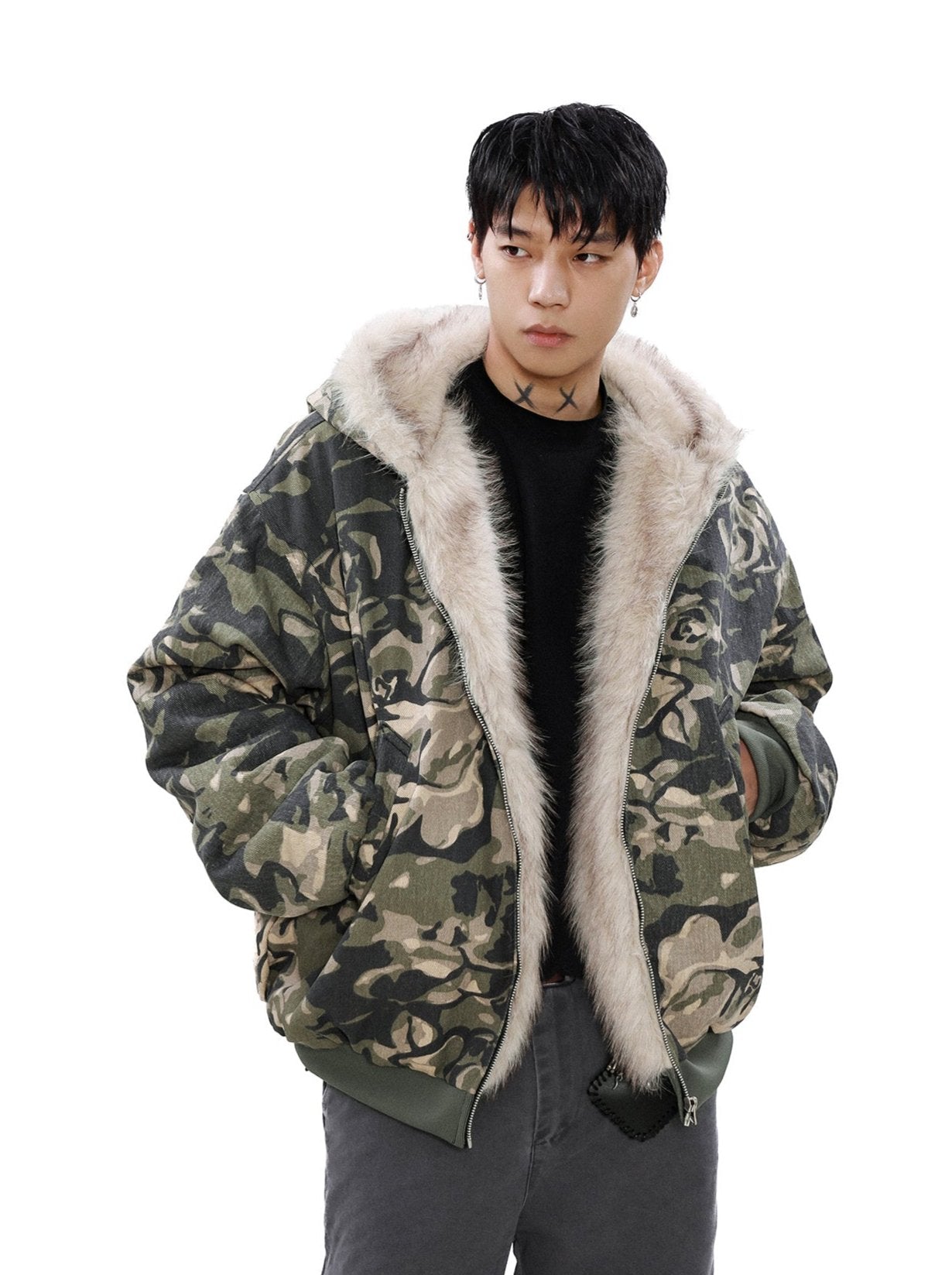 Camouflage Puffer Jacket with Fur-Lined Hood