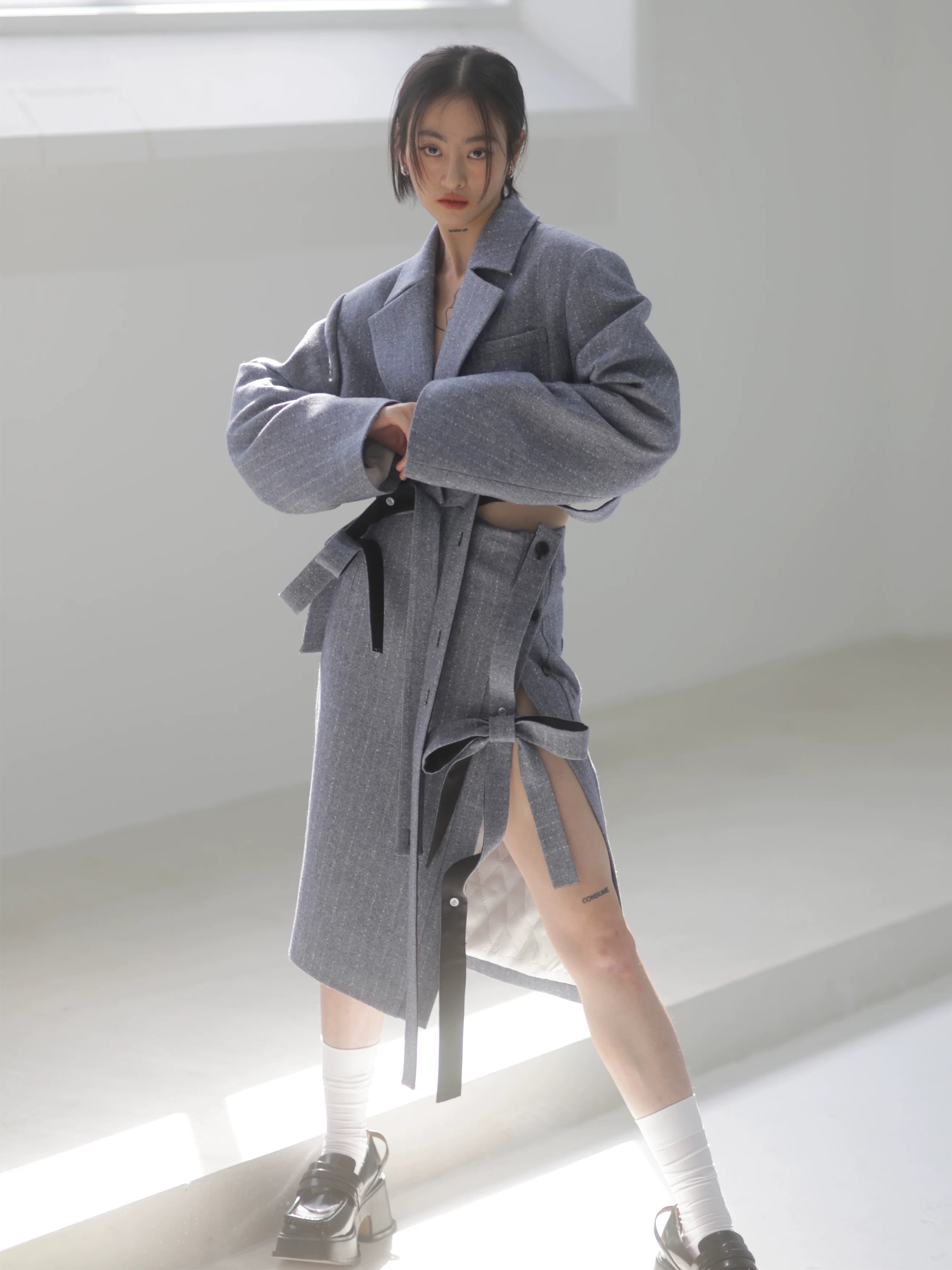 Steel Herringbone Pencil Midi Skirt