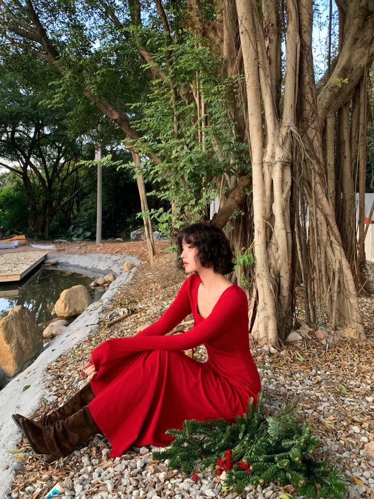 U-Neck Long Sleeve Maxi Dress