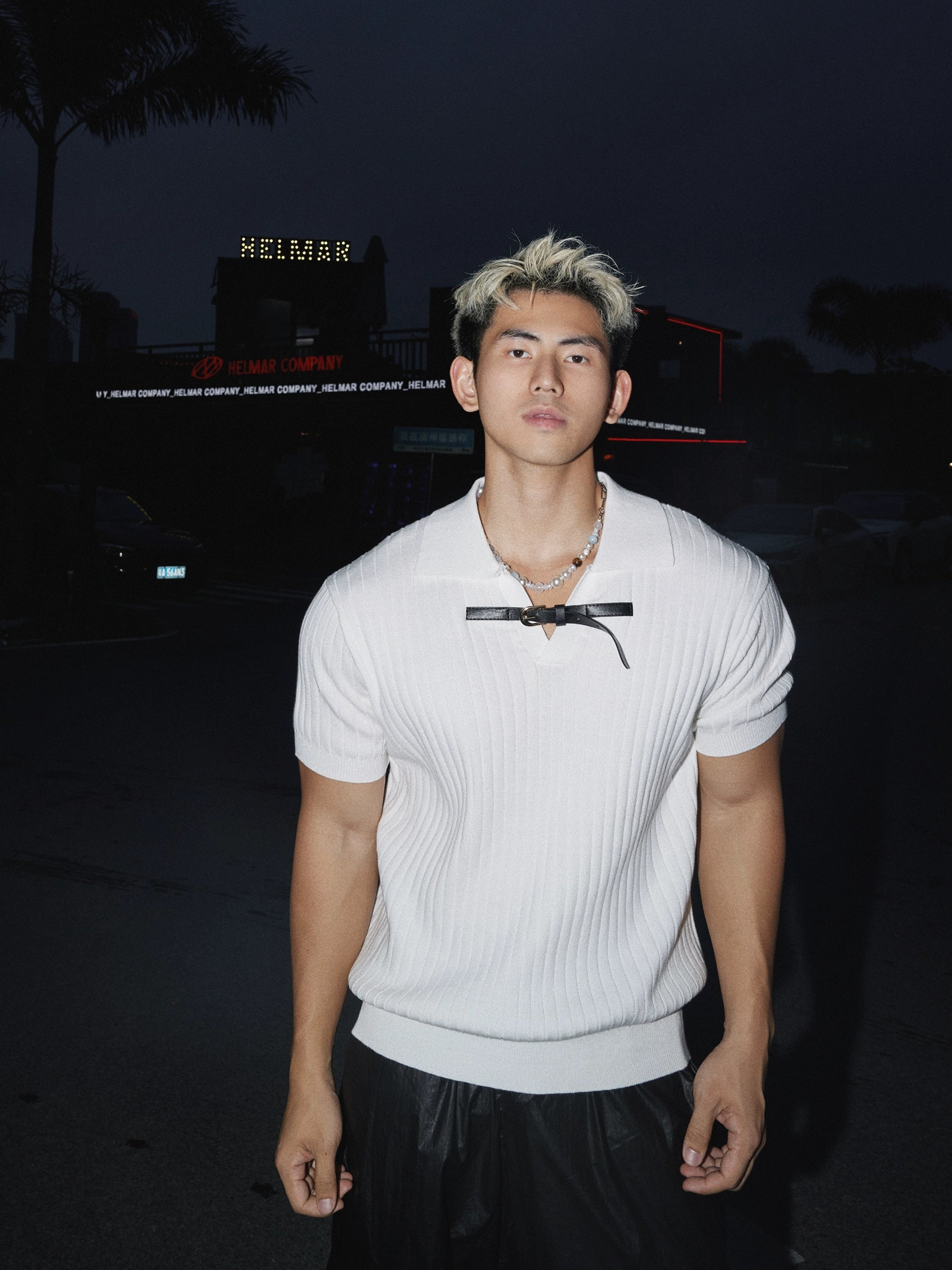 Ribbed Knit Short Sleeve Polo with Front Tie Detail