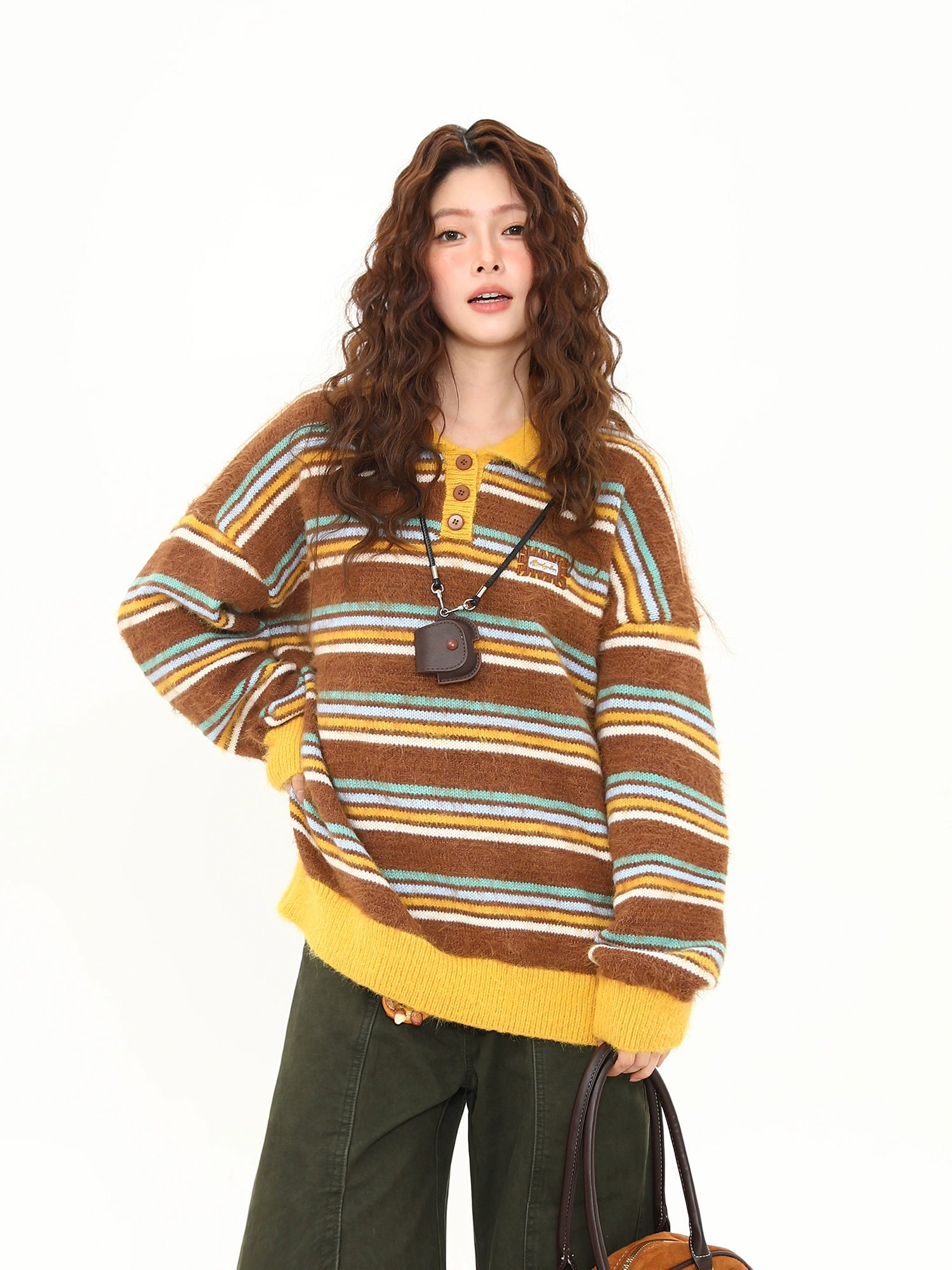 Retro Striped Fuzzy Knit Collared Sweater