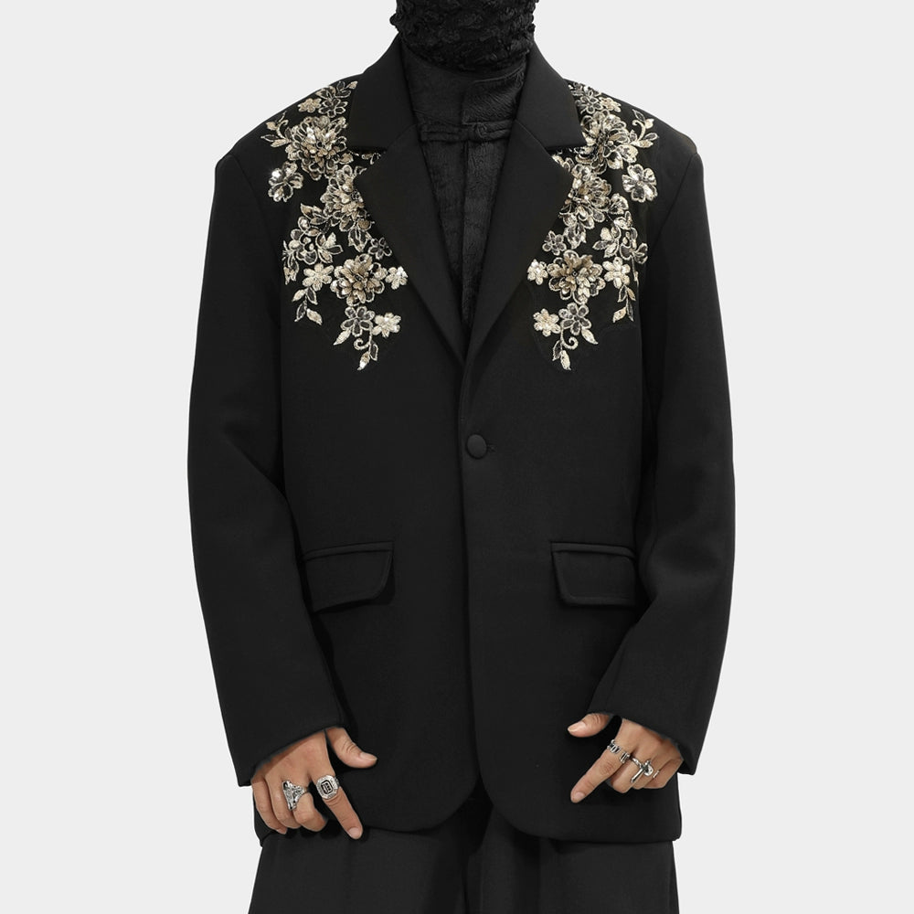 Black Blazer with Gold Floral Embroidery on Lapels