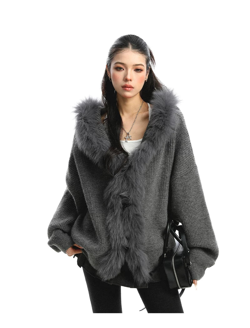 Shadow Luxe Fur-Trim Hooded Knit Cardigan