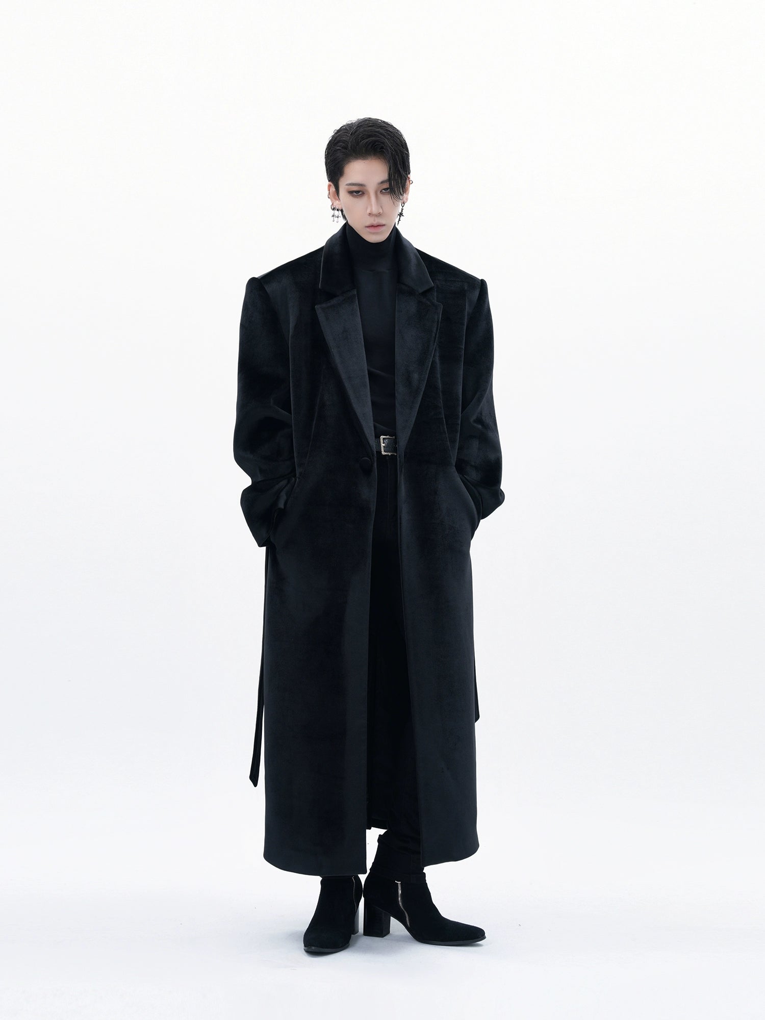 Black Velvet Belted Overcoat