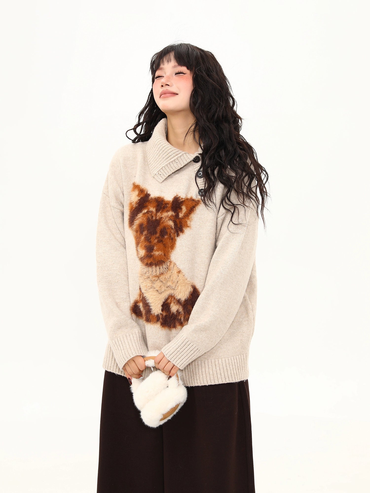 Cozy Terrier Shawl-Collar Knit Sweater