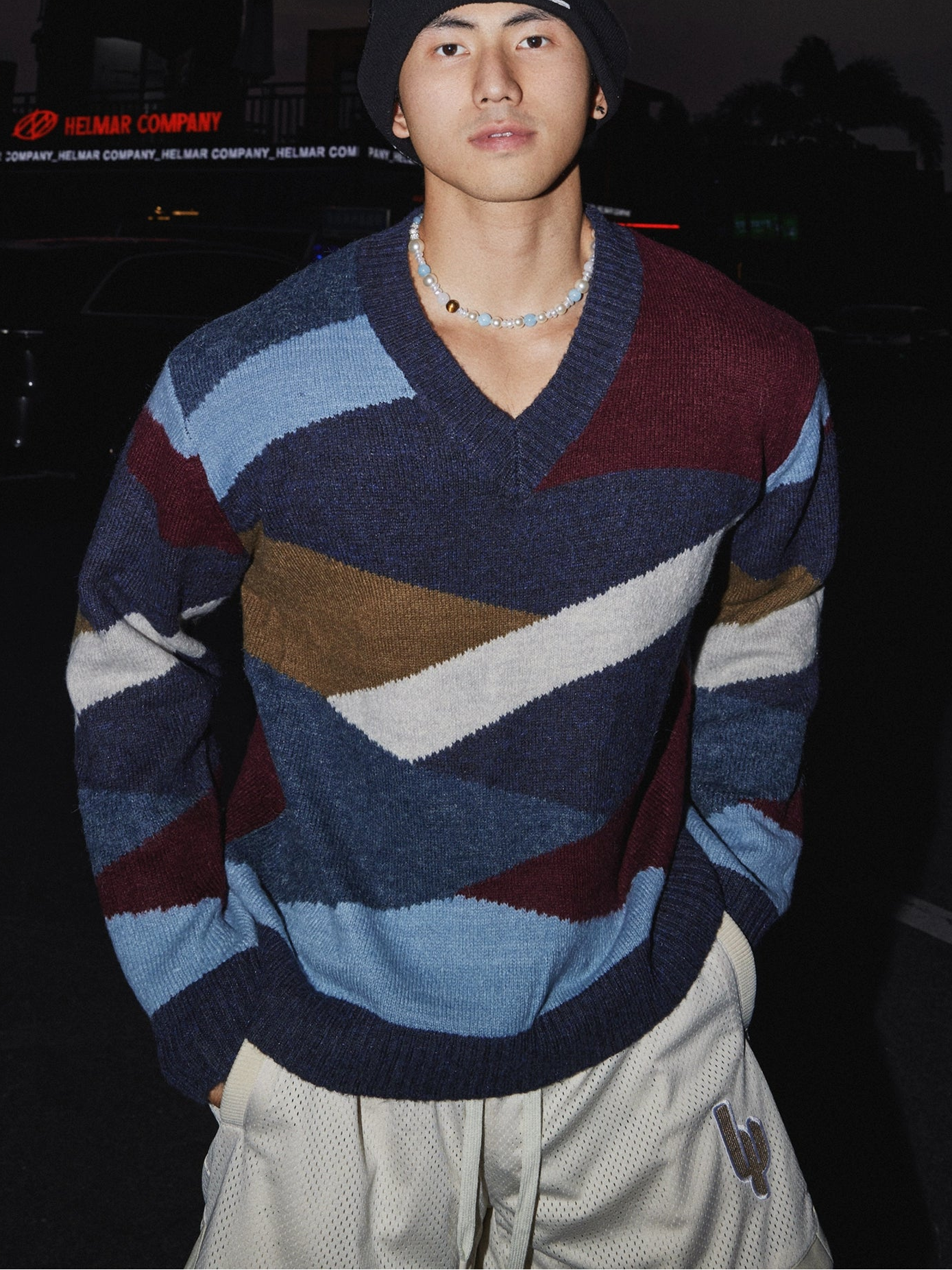 Retro Geo Stripe V-Neck Sweater