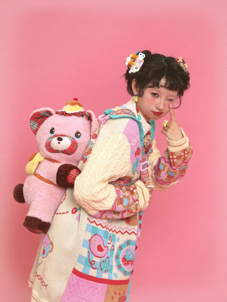 Plaid Pink Bear Plush Crossbody Bag