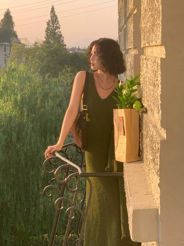 V-Neck Knit Maxi Dress and Long Cardigan Setup