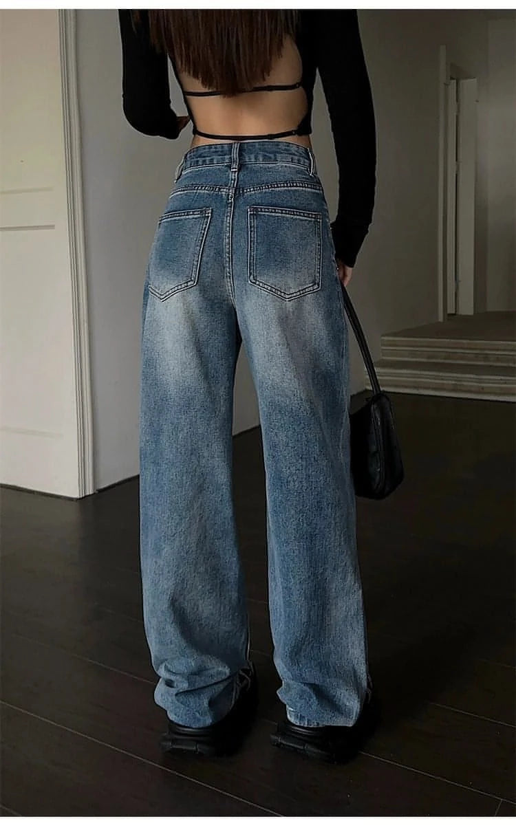 Summer Collection - Blue High-Waist Loose Wide-Leg Denim Jeans - chiclara