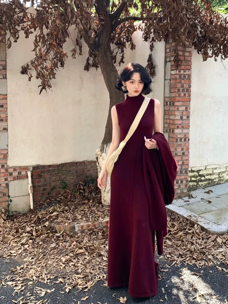 Raccoon Sleeveless Mock Neck Maxi Dress