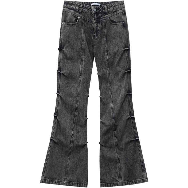Pleated Distressed Bootcut Jeans