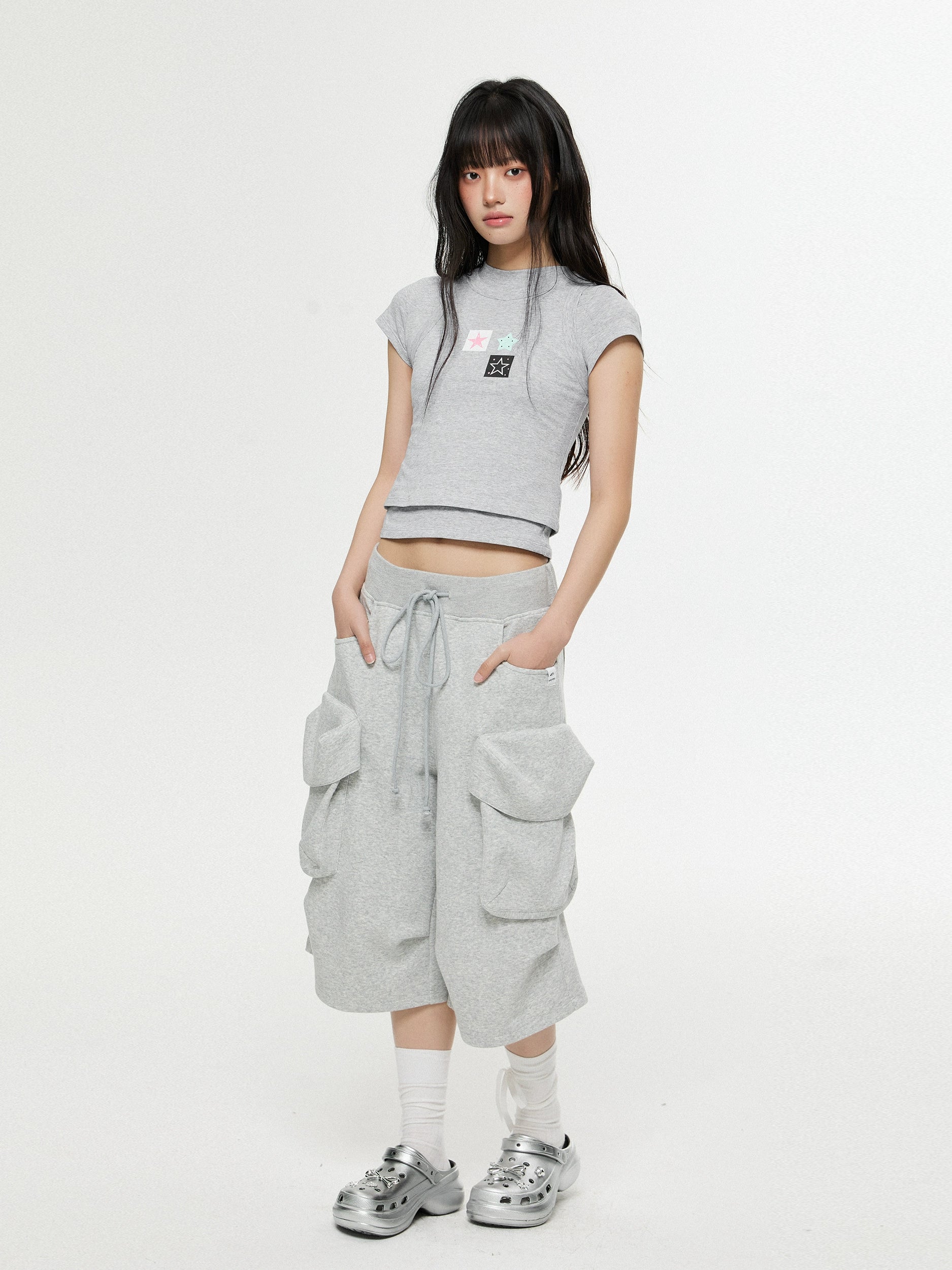 Loose Fit Drawstring Cargo Bermuda Length Shorts