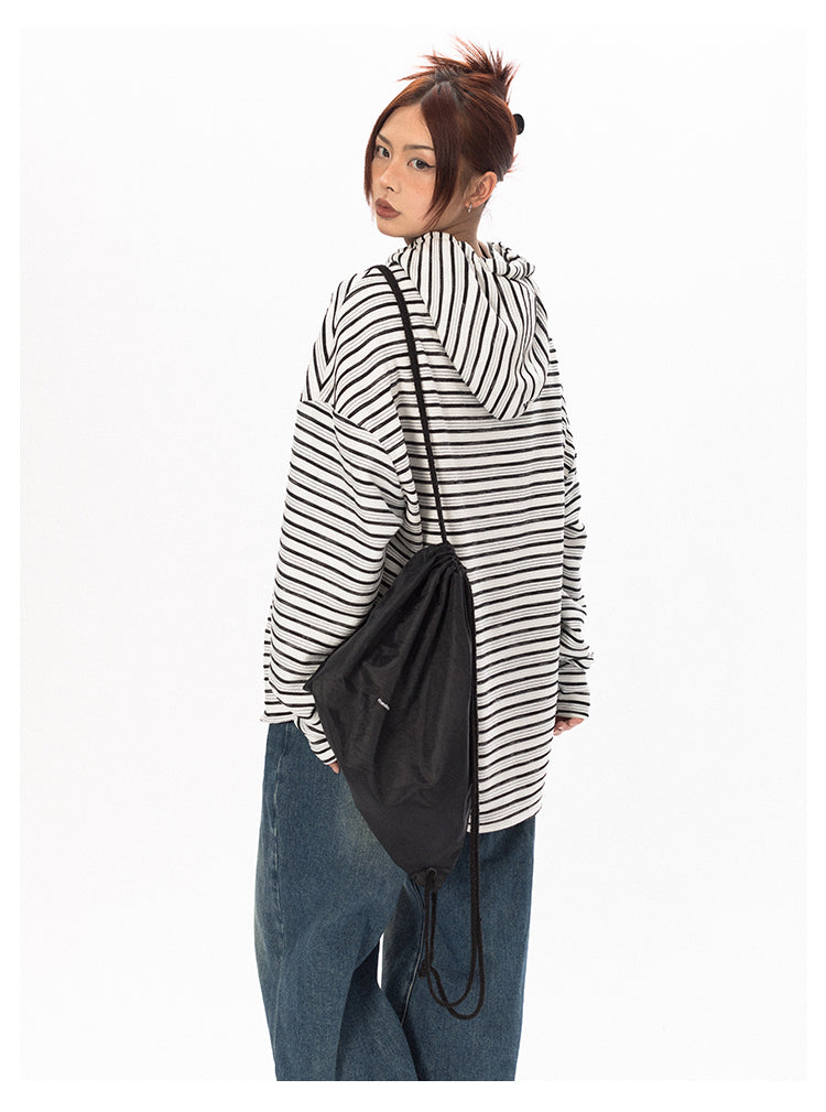 Striped Contrast Color Hooded T-Shirt - chiclara