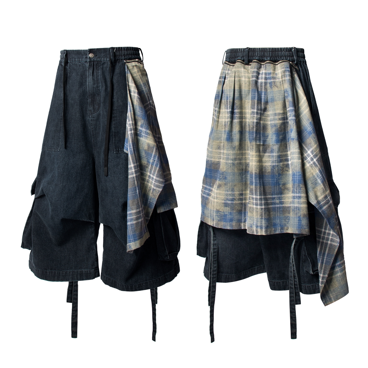 Layered Plaid Wrap Denim Shorts