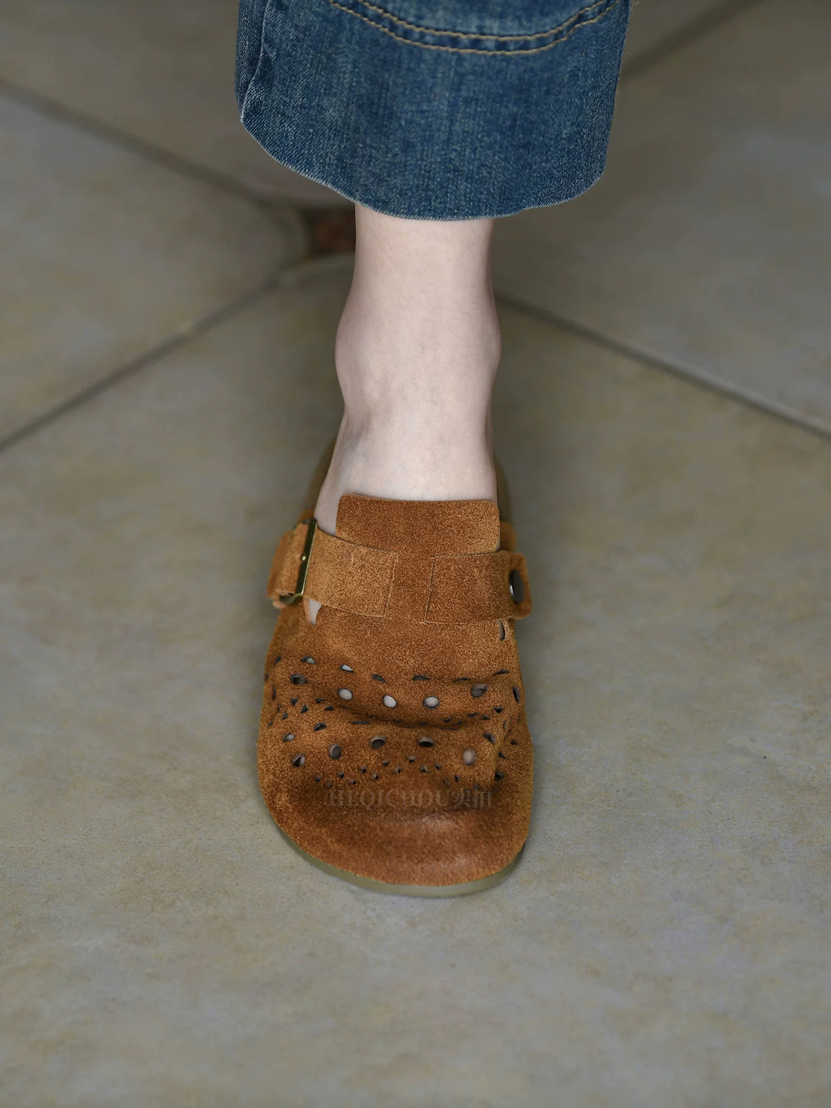Caspian Buckle Cutout Suede Clogs