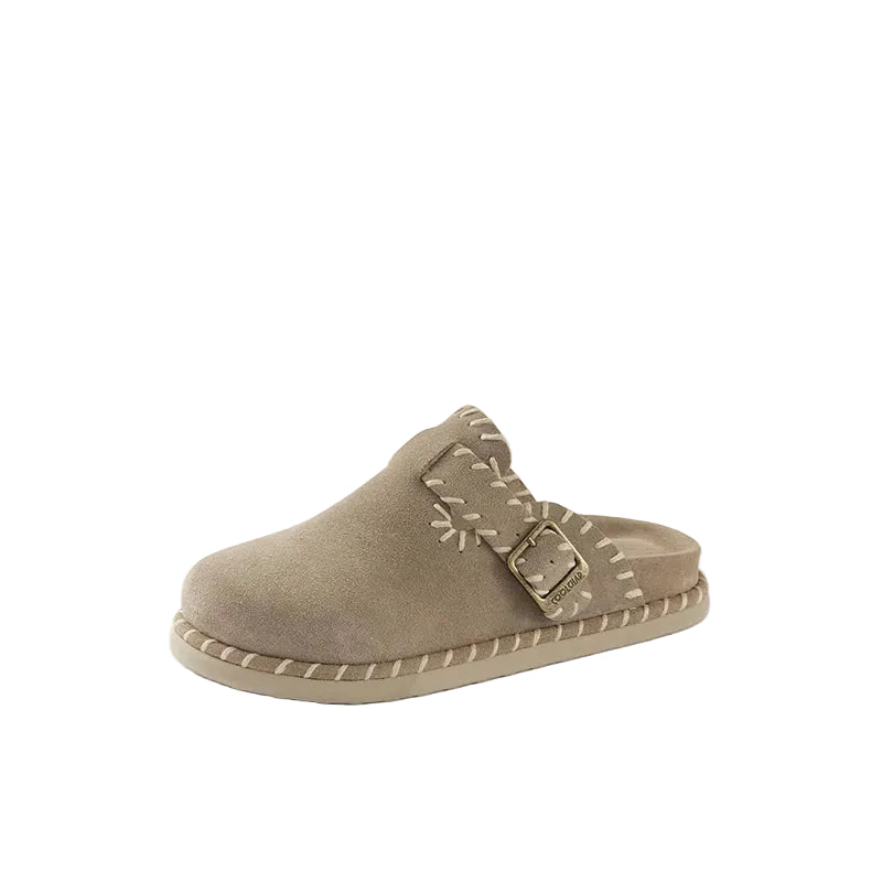 Whipstitch Buckle Suede Mule Clogs