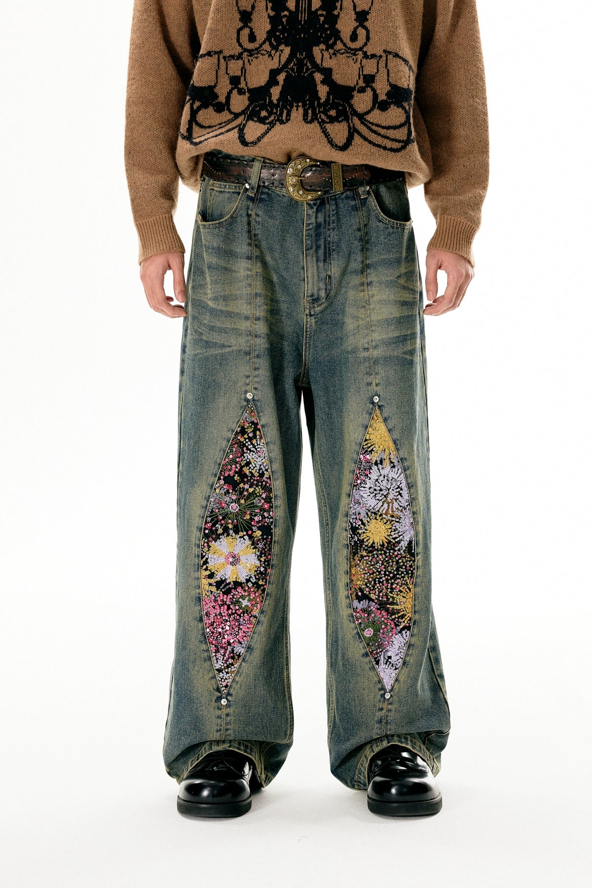 Vintage Firework Distressed Jeans With Relaxed Straight Fit - chiclara