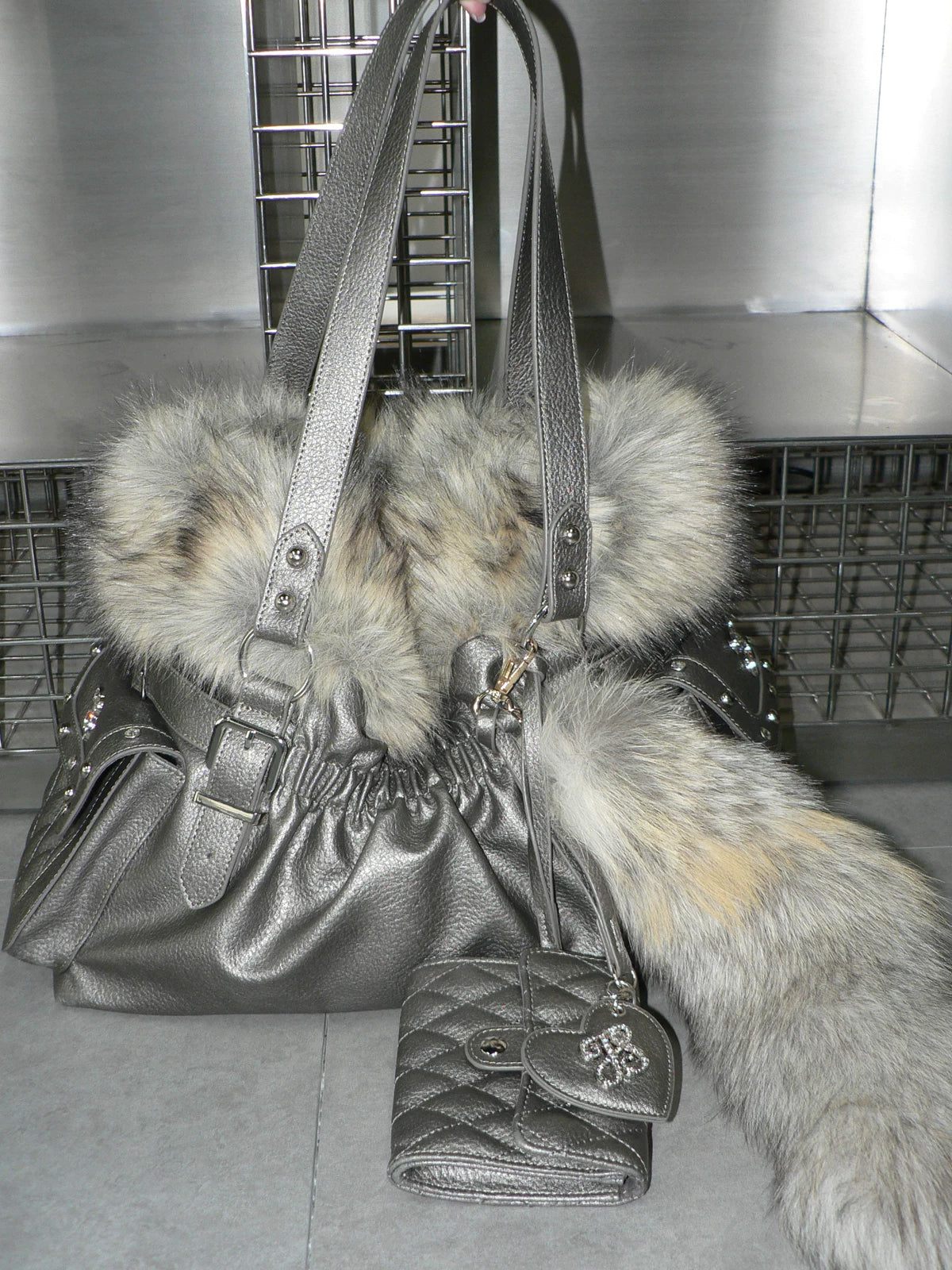 Golden Purr Luxe Faux‑Fur Charm Tote