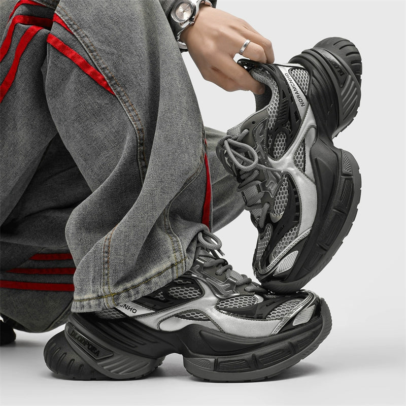 Chunky Futuristic Sneakers with Mesh Panels and Crisscross Detailing