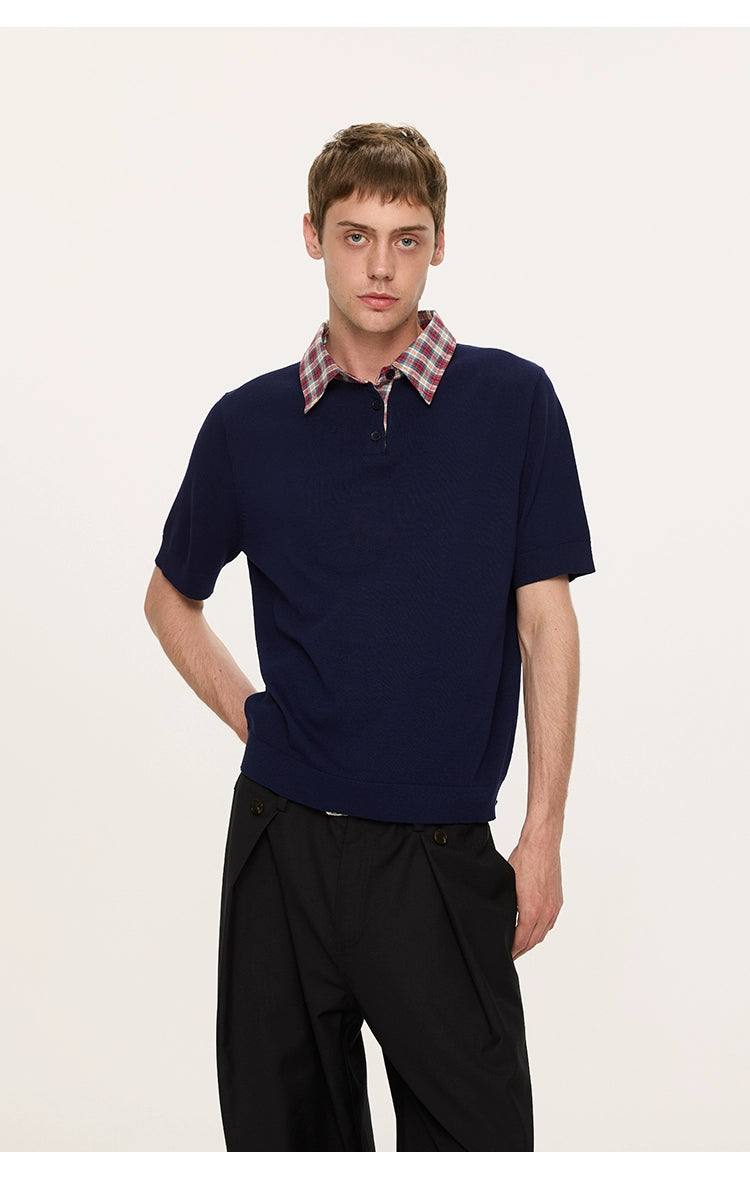 Contrast Plaid Collar Knit Polo Shirt