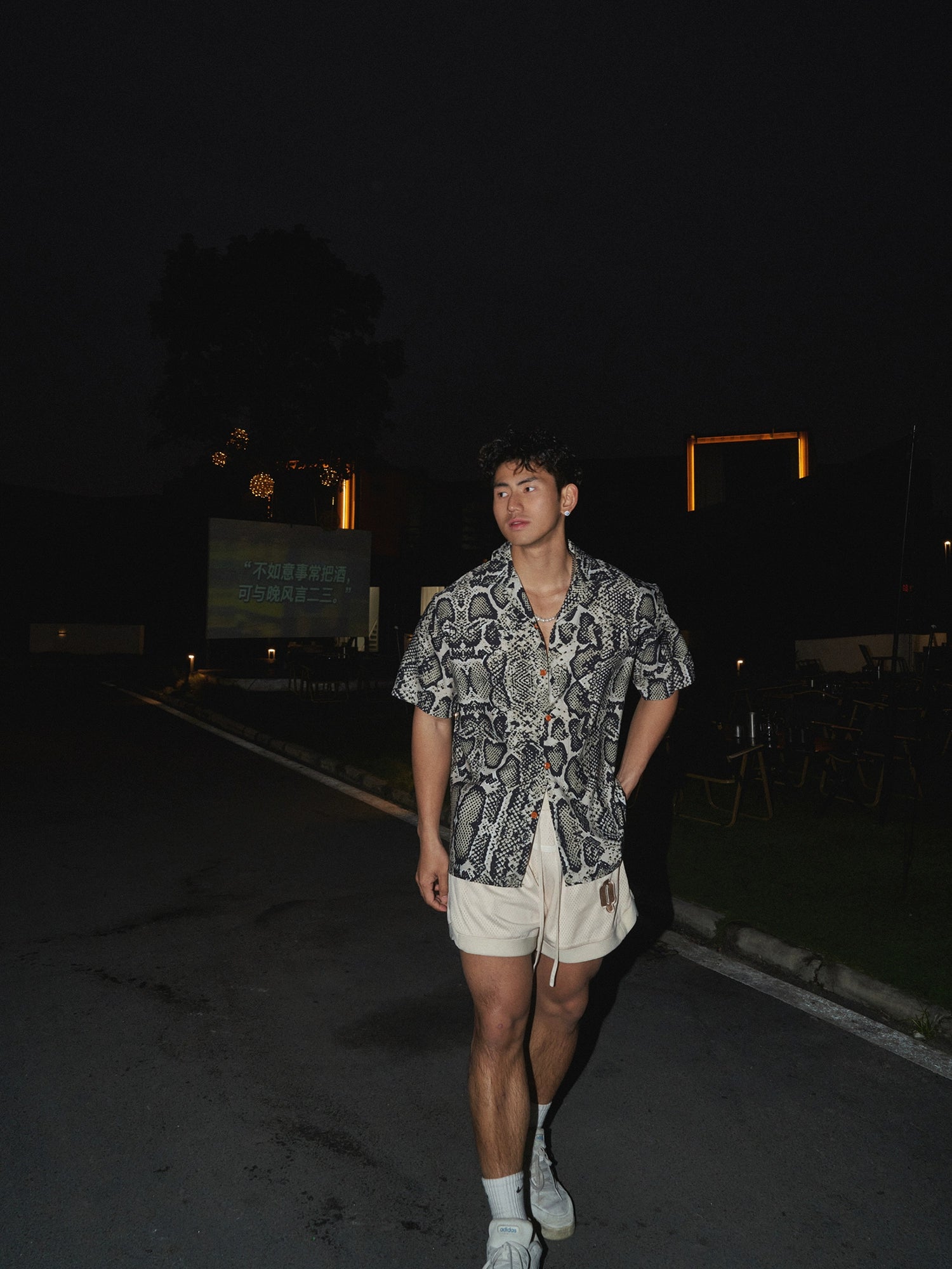 Short-Sleeve Snake Print Button-Up Shirt