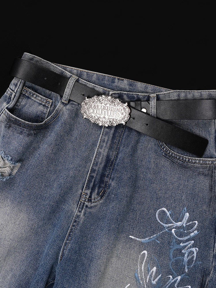 Ornate Silver "Couture" Belt Buckle with Black Leather Belt