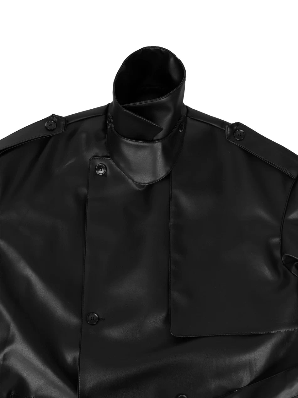 Noir Eclipse Belted Faux Leather Trench Coat