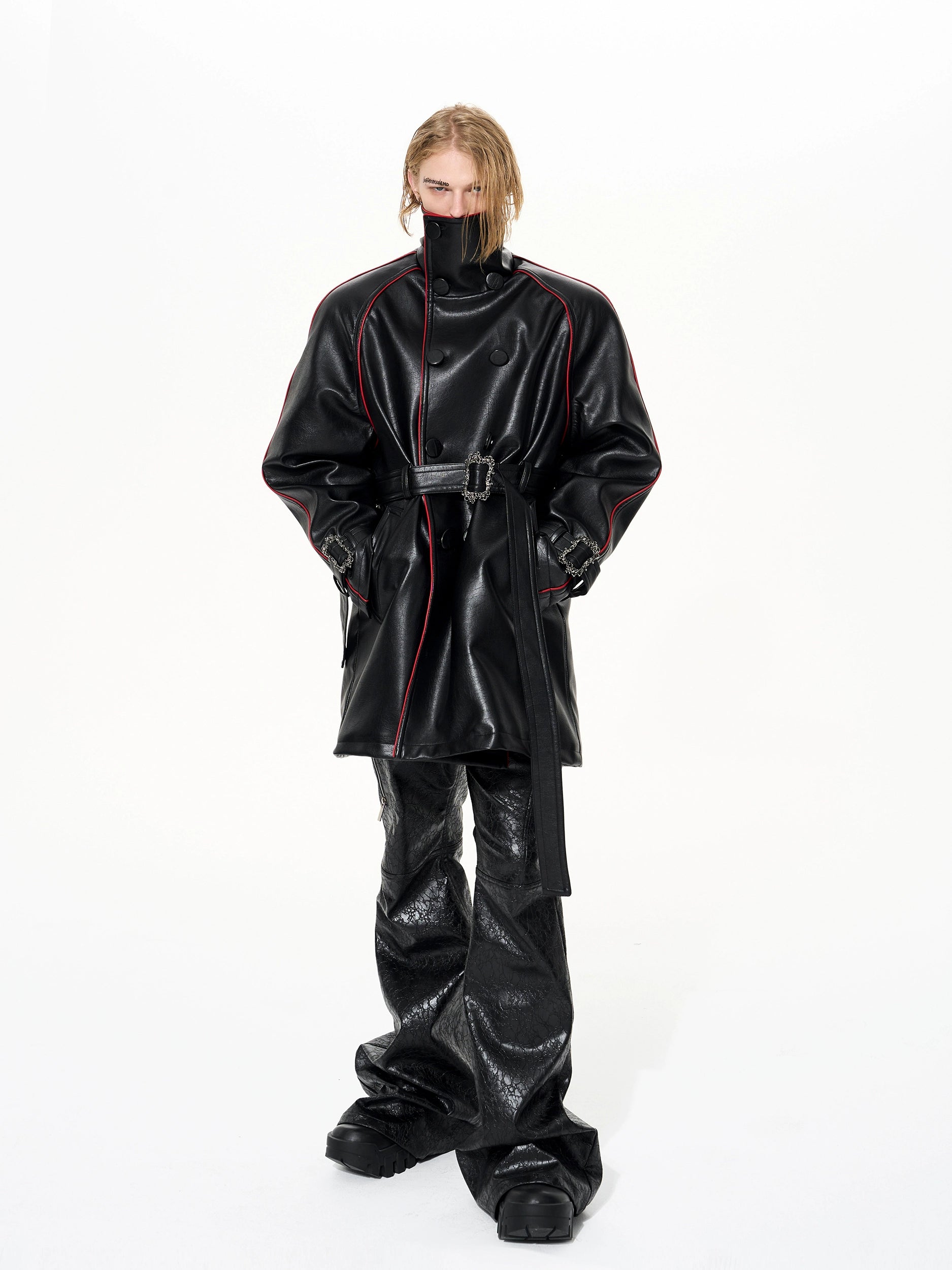 Crimson Piped Chain-Buckle Trench Coat