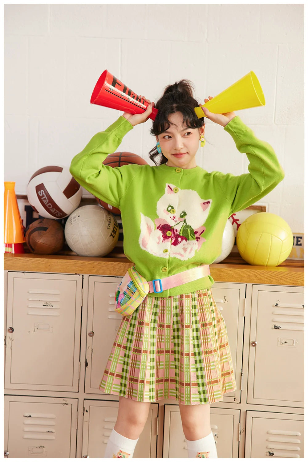 Green Pink Plaid Knit Mini Skirt