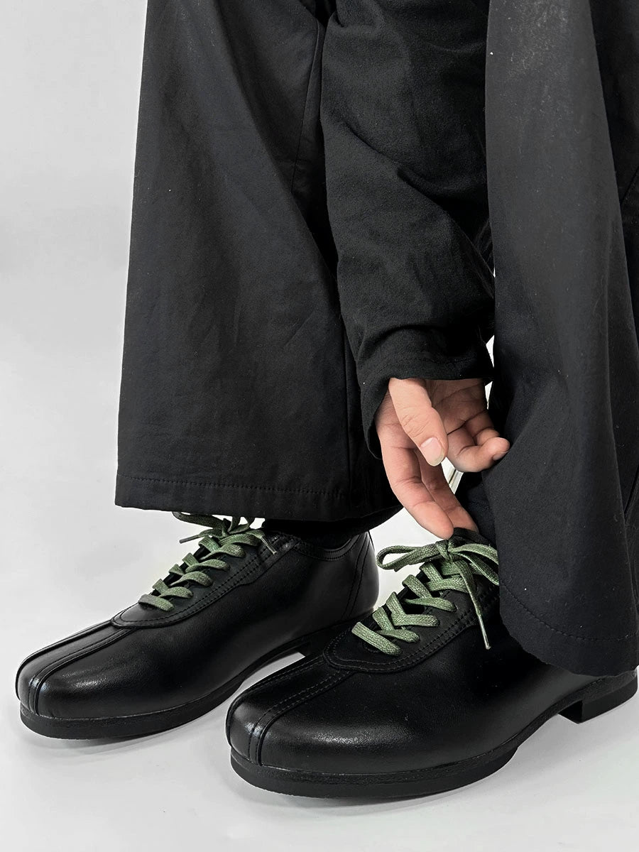 Black Split-Toe Derby Shoes with Green Laces