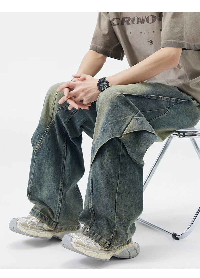 Paneled Drawstring Wide-Leg Jeans