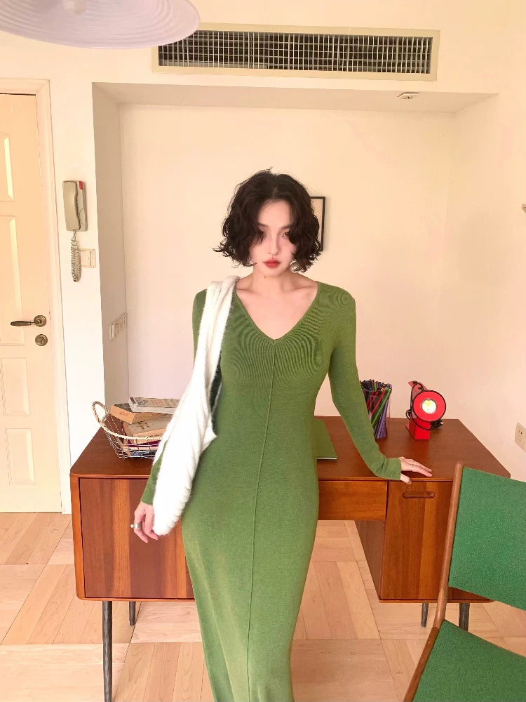 V-Neck Ribbed Knit Sexy Dress