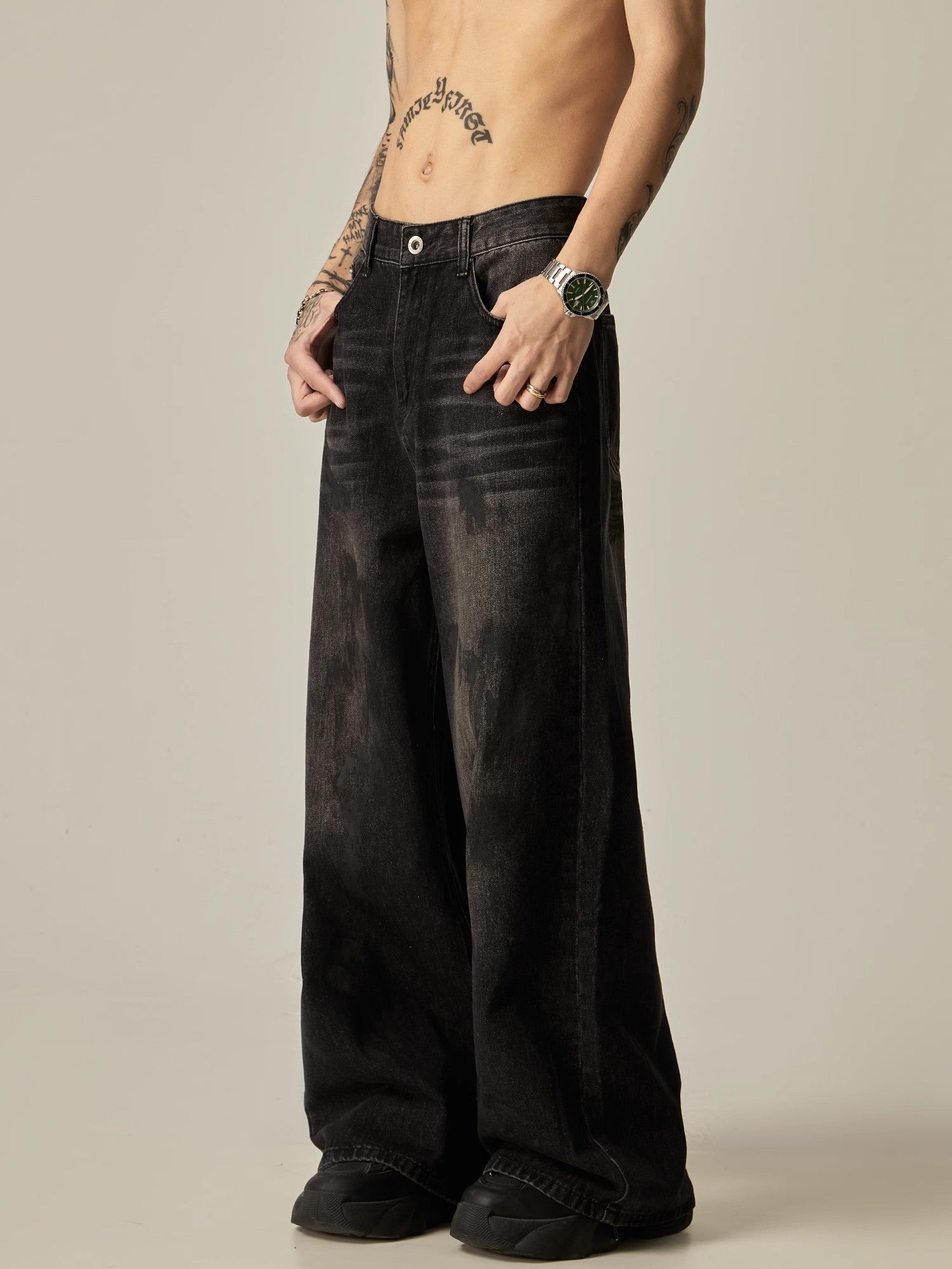 Wide-Leg Distressed Dark Wash Jeans