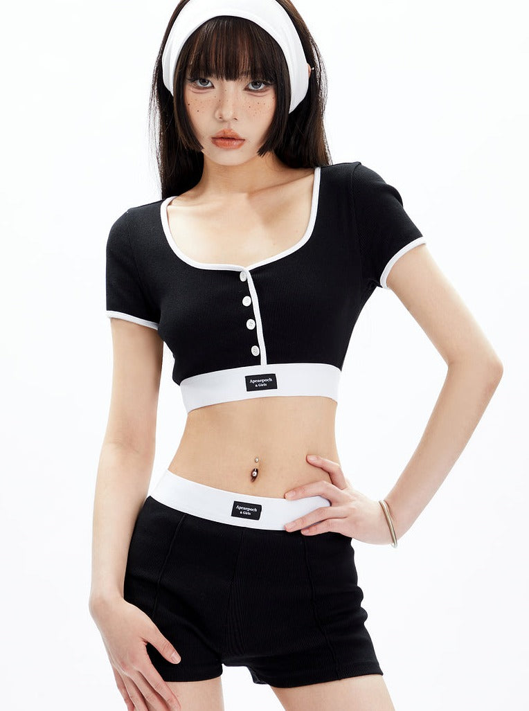 Black and White Contrast Trim Crop Top and Shorts Set