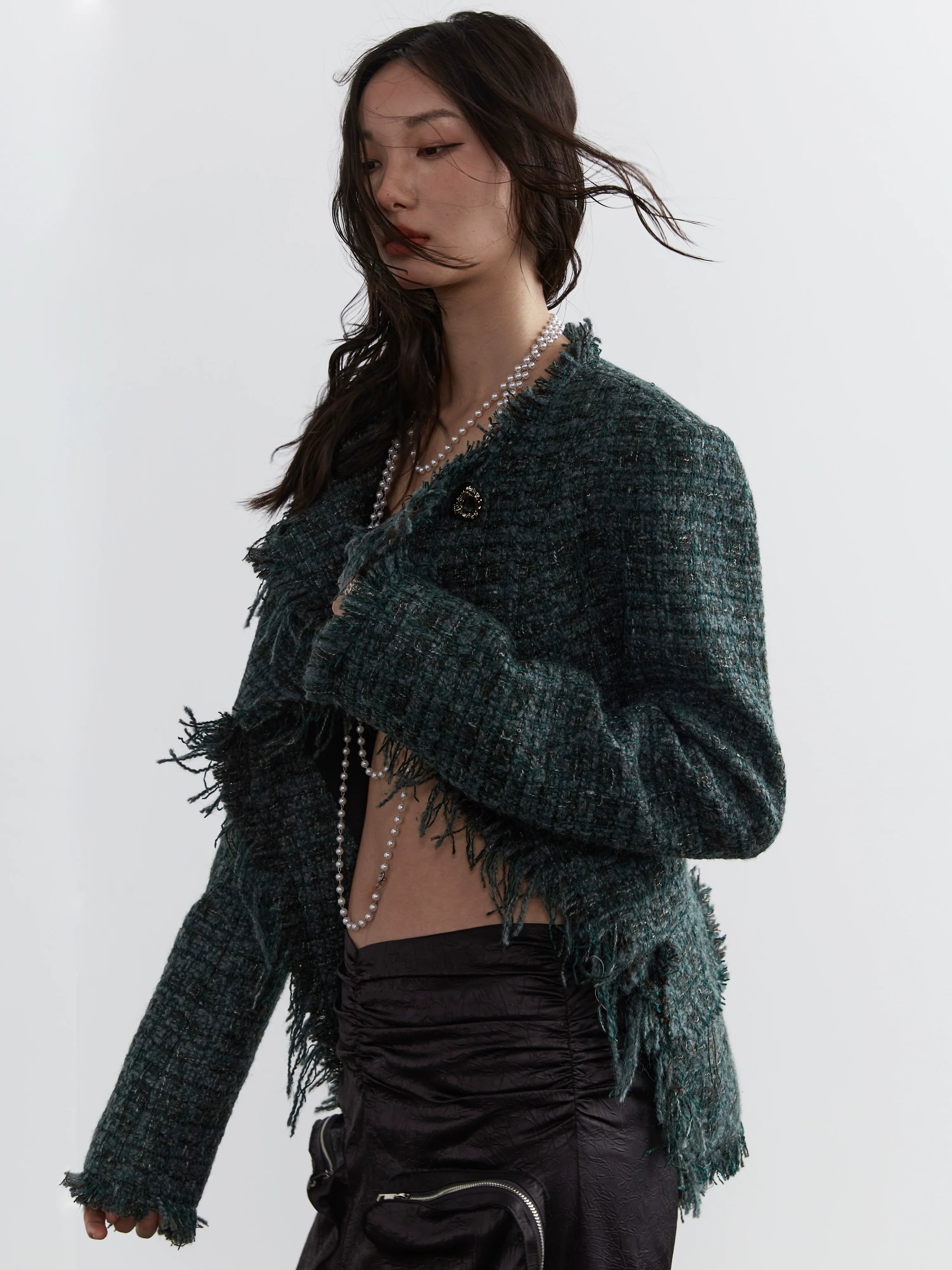 Emerald Frayed Cropped Tweed Jacket