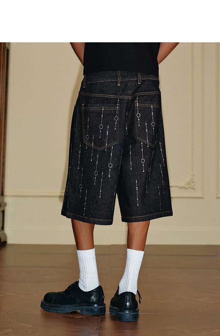 Crystal Embellished Wide Leg Denim Shorts