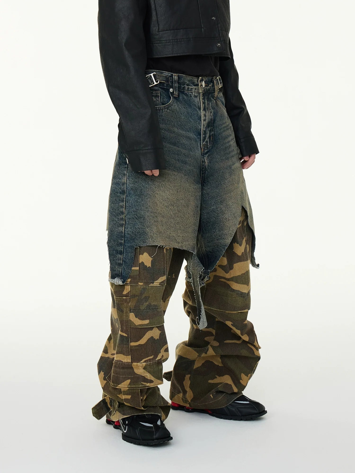 Layered Denim & Camo Patchwork Pants
