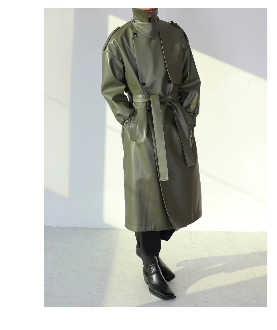 Noir Eclipse Belted Faux Leather Trench Coat