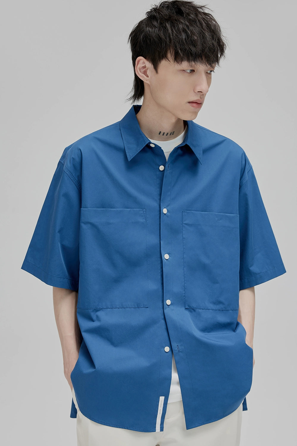 Square Collar Patch Pocket Short Sleeve Shirt