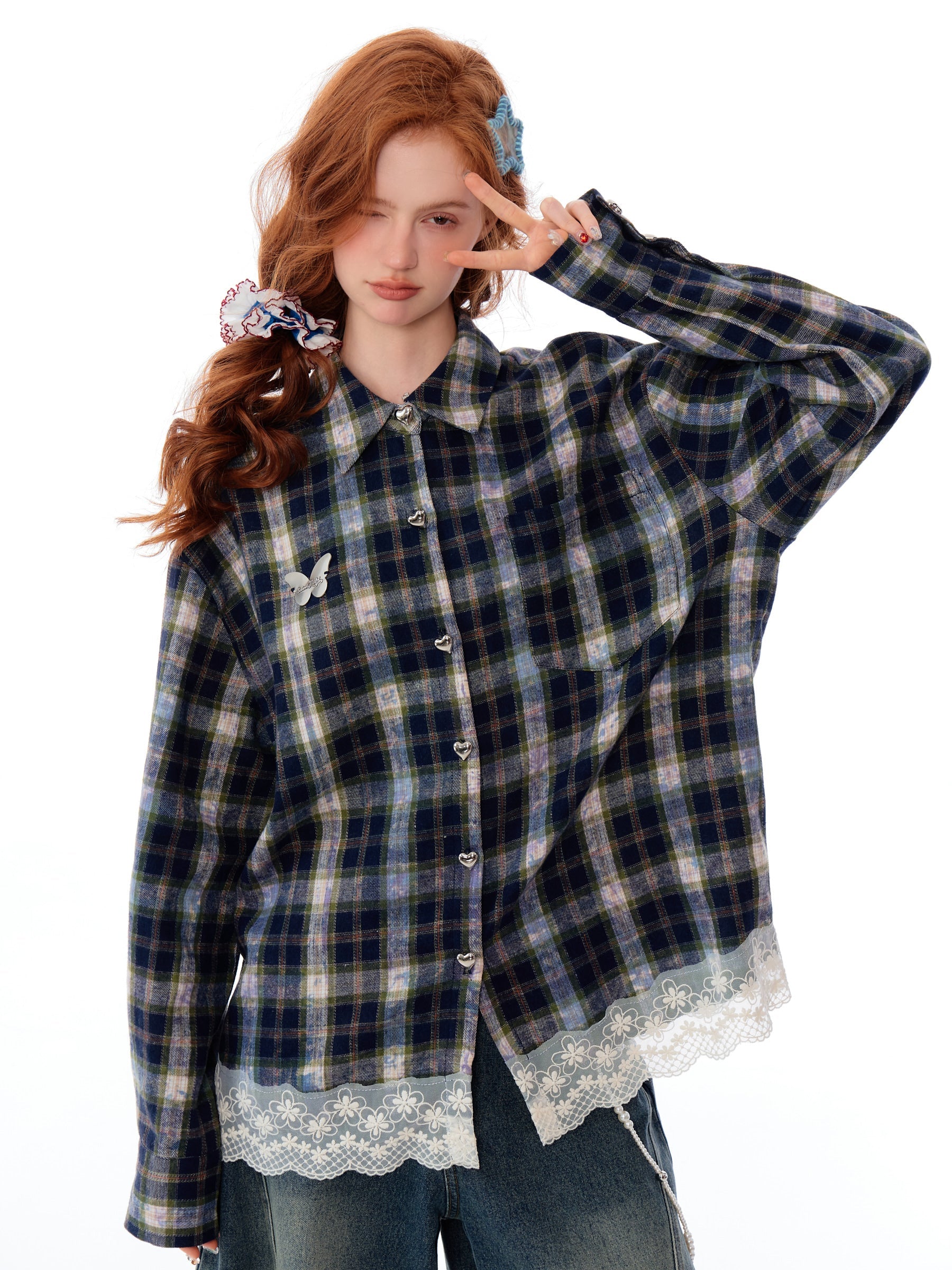 Lace Trim Plaid Button Up